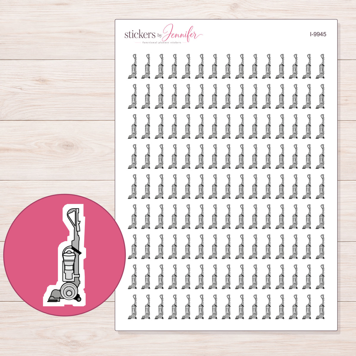 Gray Upright Vacuum Planner Stickers | I-9945 — 5 × 7 inch sheet and enlarged sticker detail