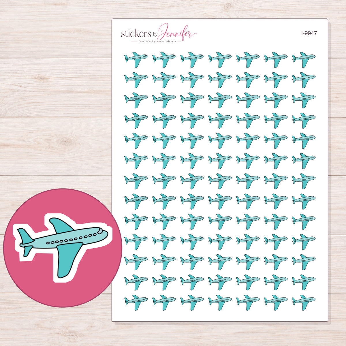 Teal Airplane Planner Stickers | I-9947 — 5 × 7 inch sheet and enlarged sticker detail