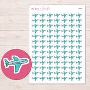 Teal Airplane Planner Stickers | I-9947 — 5 × 7 inch sheet and enlarged sticker detail