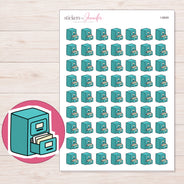 Teal Filing Cabinet Planner Stickers | I-9949 — 5 × 7 inch sheet and enlarged sticker detail