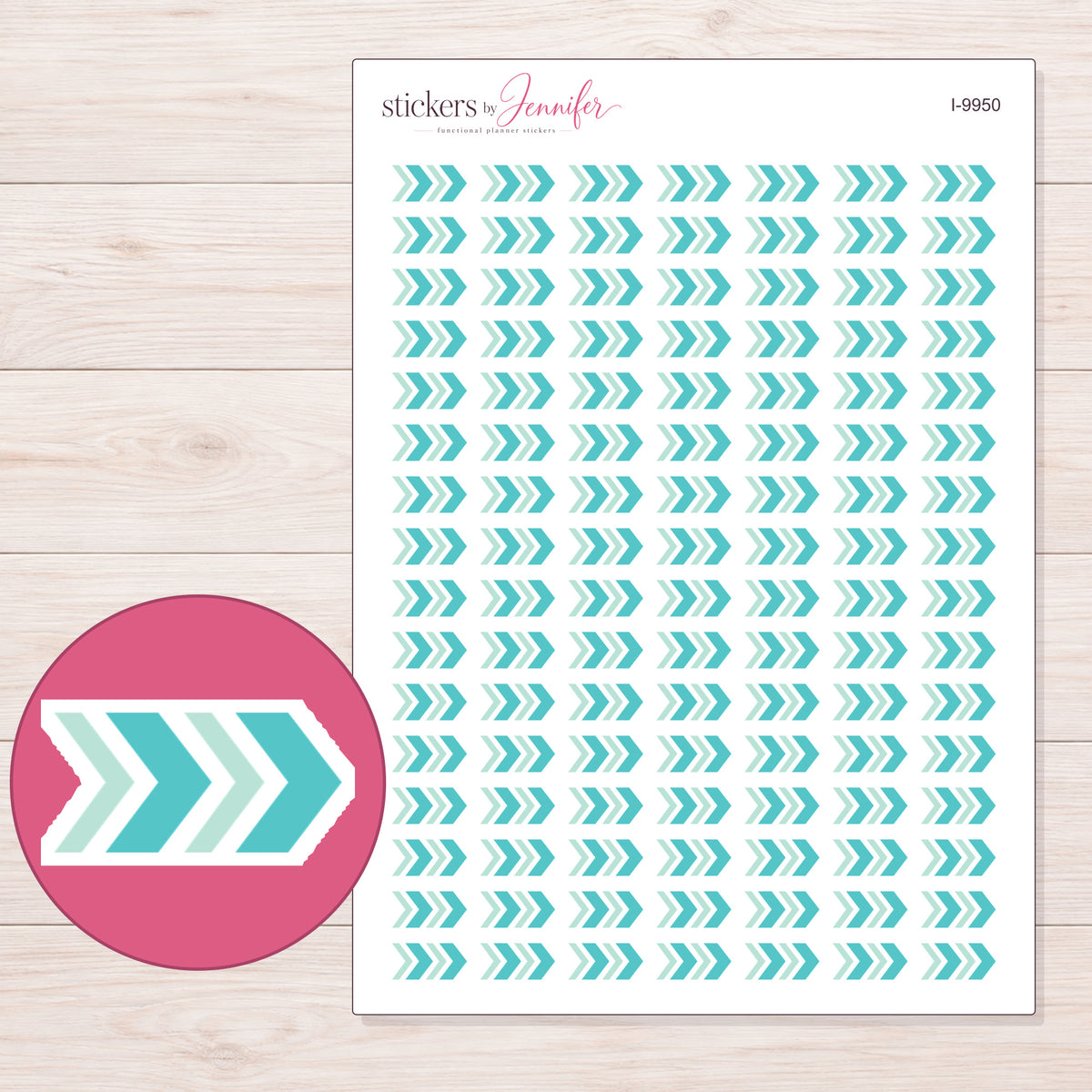 Teal Chevron Arrow Planner Stickers | I-9950 — 5 × 7 inch sheet and enlarged sticker detail