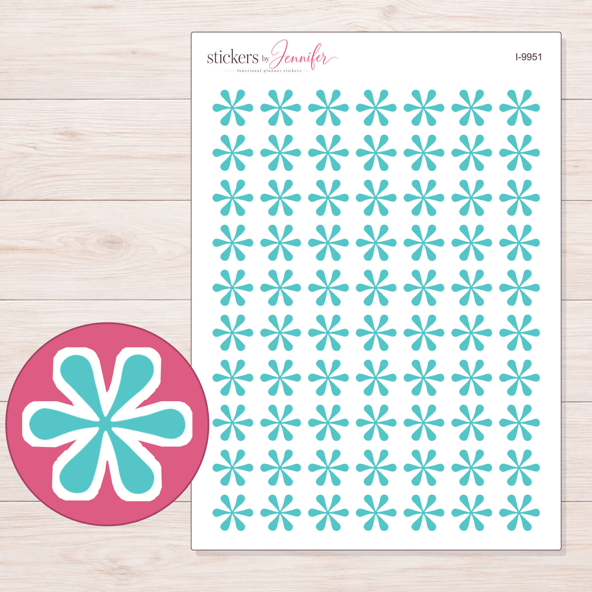 Teal Flower Asterisk Planner Stickers | I-9951 — 5 × 7 inch sheet and enlarged sticker detail