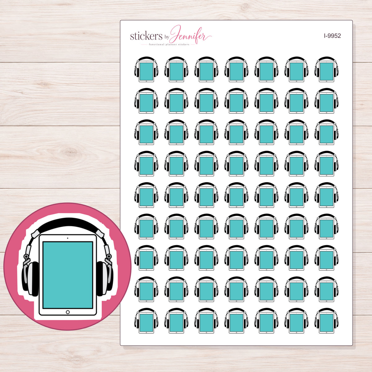 Teal Audiobook Tablet Planner Stickers | I-9952 — 5 × 7 inch sheet and enlarged sticker detail