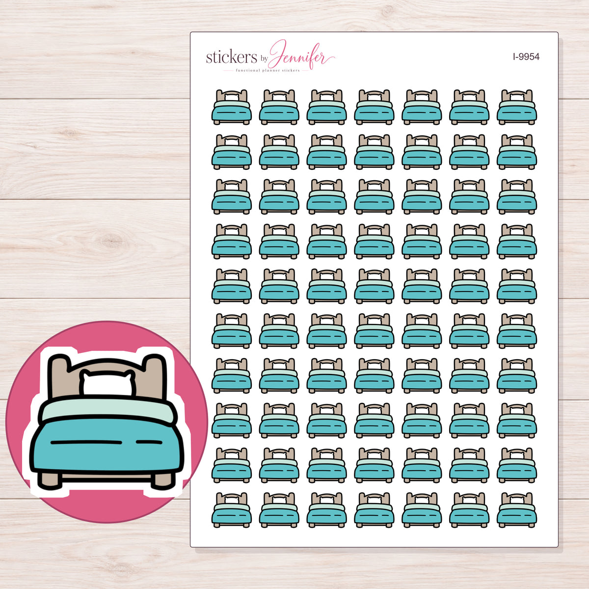 Teal Blanket Bed Planner Stickers | I-9954 — 5 × 7 inch sheet and enlarged sticker detail