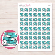 Teal Book Stack Planner Stickers | I-9955 — 5 × 7 inch sheet and enlarged sticker detail
