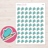 Teal Oven Mitt and Rolling Pin Planner Stickers | I-9956 — 5 × 7 inch sheet and enlarged sticker detail