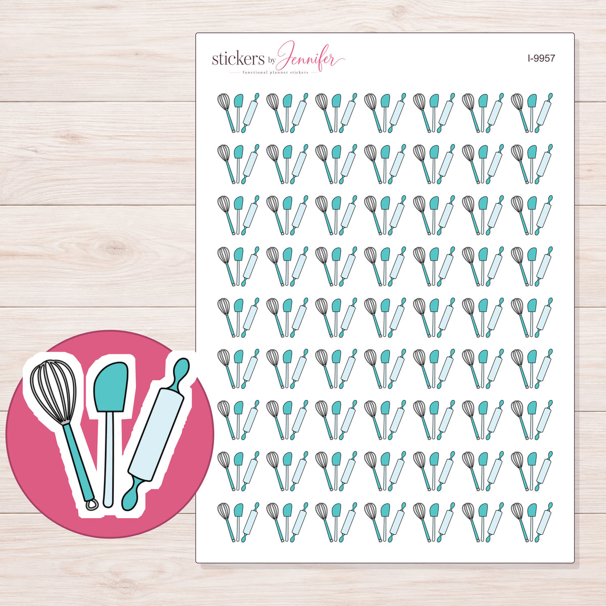 Teal Baking Utensils Planner Stickers | I-9957 — 5 × 7 inch sheet and enlarged sticker detail