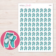 Teal Ballet Shoes Planner Stickers | I-9958 — 5 × 7 inch sheet and enlarged sticker detail