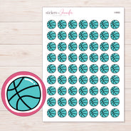 Teal Basketball Planner Stickers | I-9960 — 5 × 7 inch sheet and enlarged sticker detail