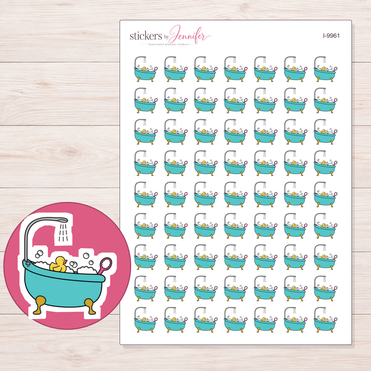 Teal Bubble Bath Planner Stickers | I-9961 — 5 × 7 inch sheet and enlarged sticker detail