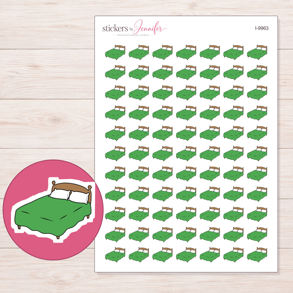 Green Blanket Bed Planner Stickers | I-9963 — 5 × 7 inch sheet and enlarged sticker detail