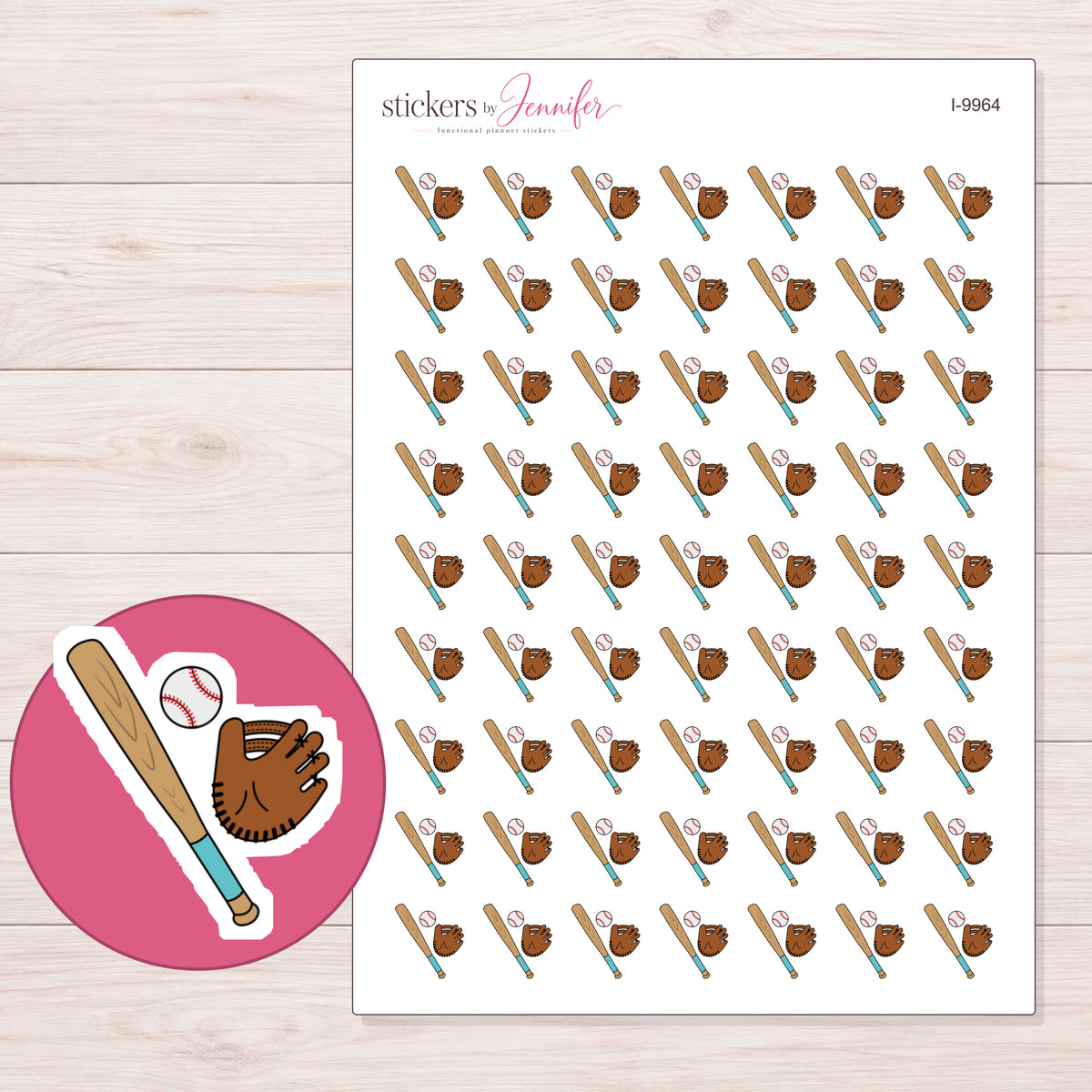 Baseball Bat Ball and Glove Planner Stickers | I-9964 — 5 × 7 inch sheet and enlarged sticker detail
