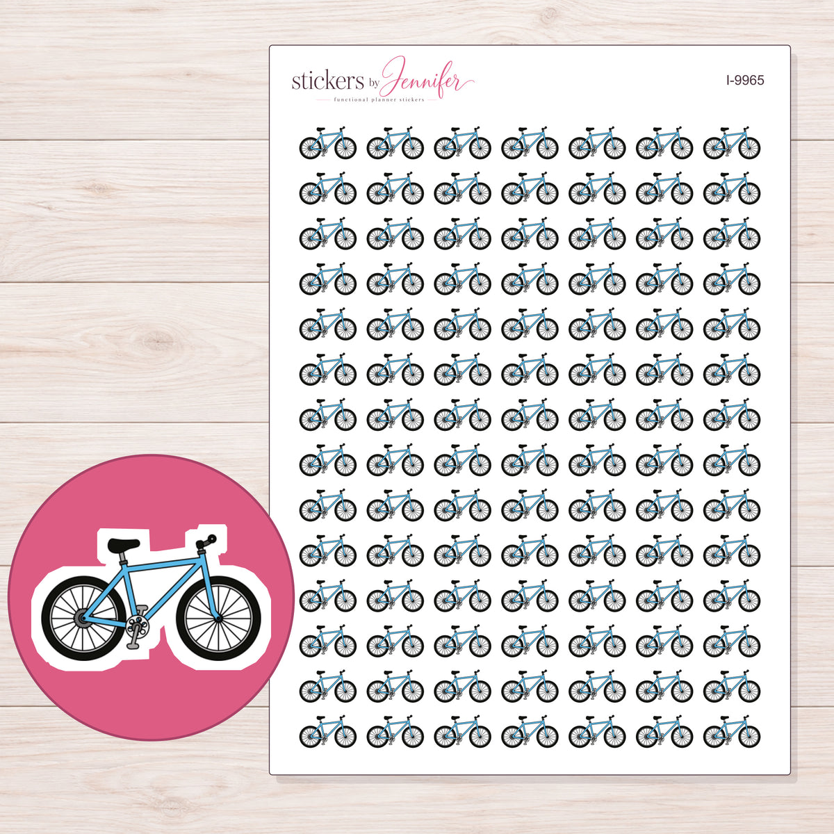 Blue Bicycle Planner Stickers | I-9965 — 5 × 7 inch sheet and enlarged sticker detail