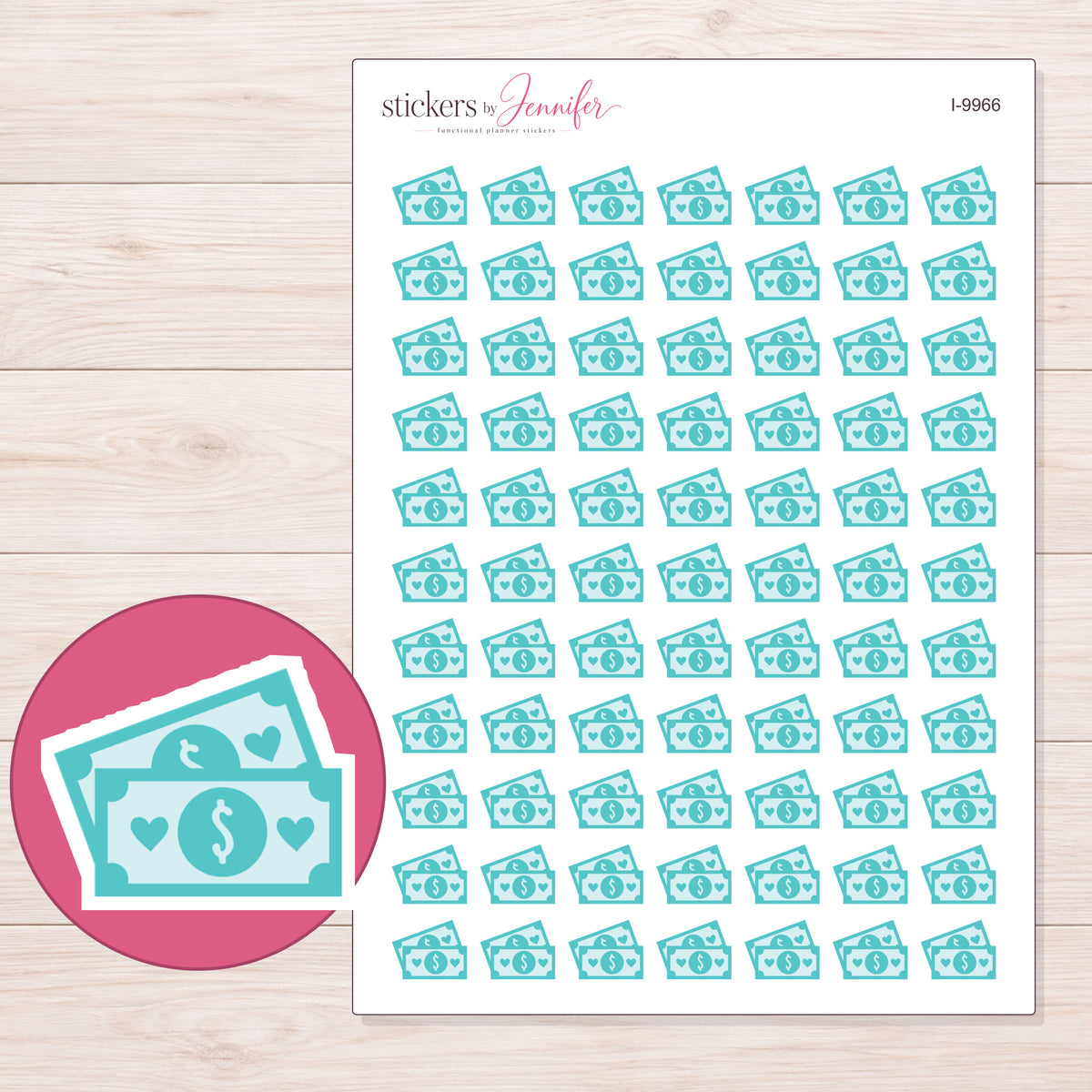 Teal Money Bills Planner Stickers | I-9966 — 5 × 7 inch sheet and enlarged sticker detail