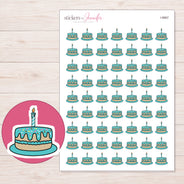 Teal Birthday Cake Planner Stickers | I-9967 — 5 × 7 inch sheet and enlarged sticker detail