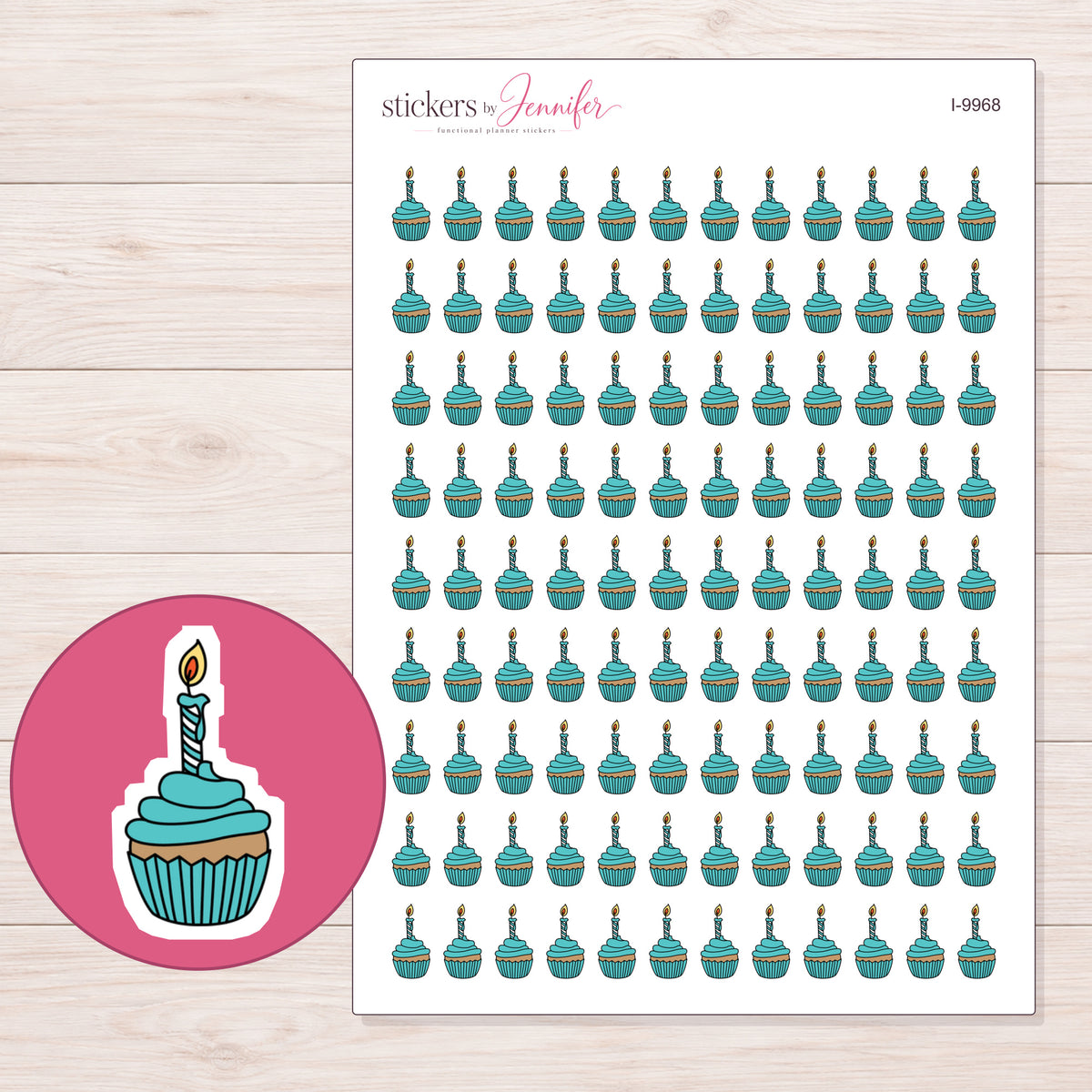 Teal Birthday Cupcake Planner Stickers | I-9968 — 5 × 7 inch sheet and enlarged sticker detail