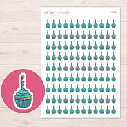 Teal Birthday Cupcake Planner Stickers | I-9968 — 5 × 7 inch sheet and enlarged sticker detail