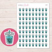 Teal Bubble Tea Planner Stickers | I-9971 — 5 × 7 inch sheet and enlarged sticker detail