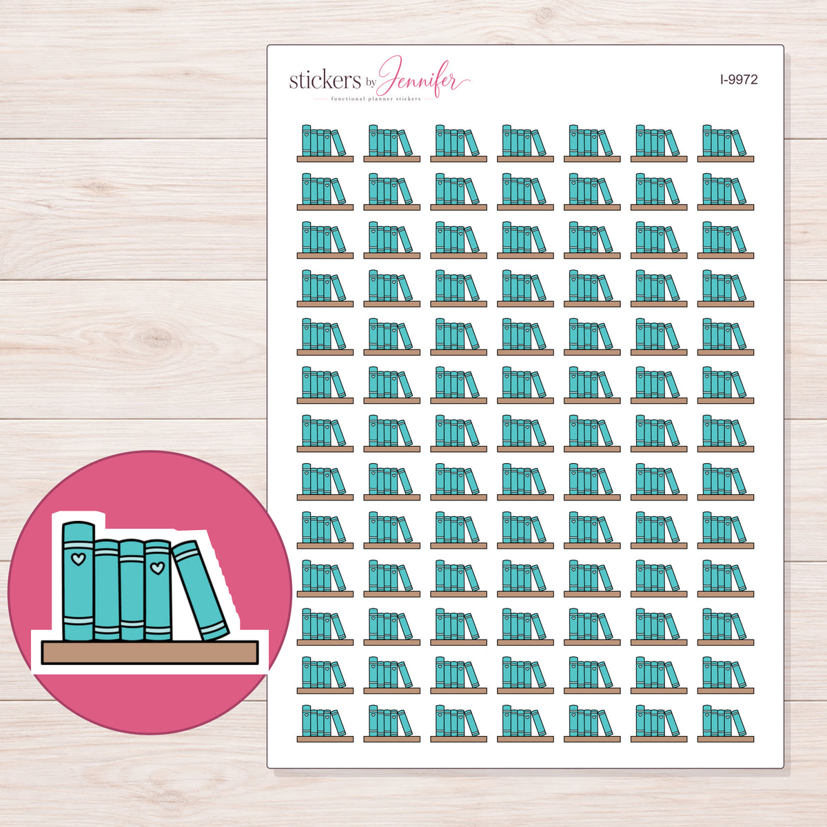 Teal Books on Shelf Planner Stickers | I-9972 — 5 × 7 inch sheet and enlarged sticker detail