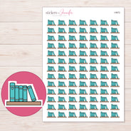 Teal Books on Shelf Planner Stickers | I-9972 — 5 × 7 inch sheet and enlarged sticker detail