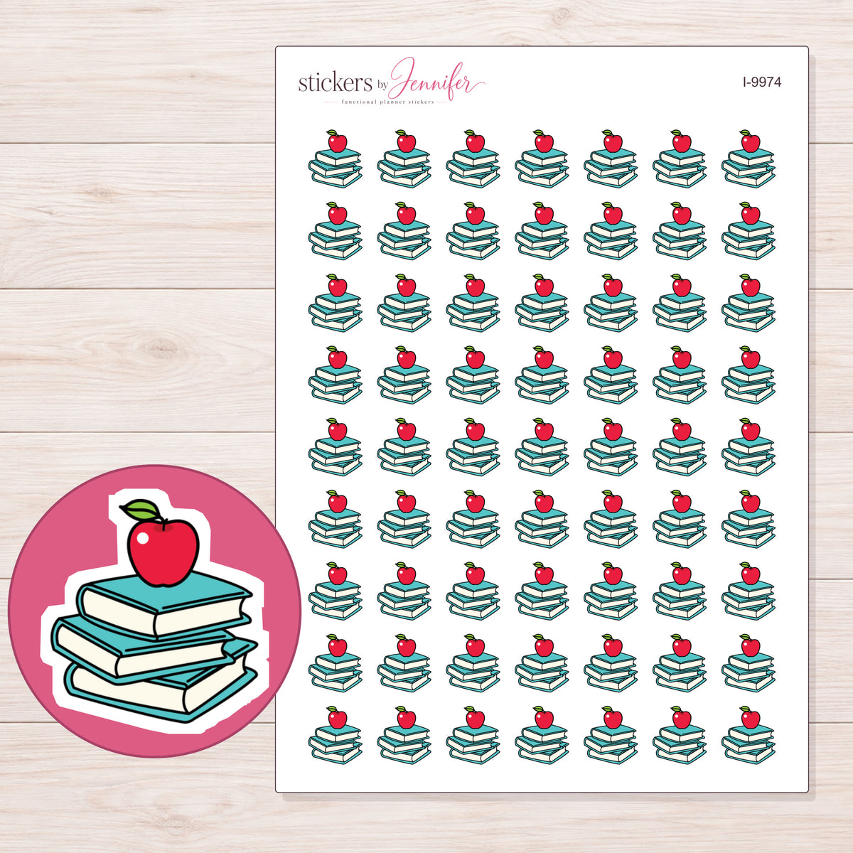 Teal Books with Red Apple Planner Stickers | I-9974 — 5 × 7 inch sheet and enlarged sticker detail