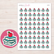 Teal Books with Red Apple Planner Stickers | I-9974 — 5 × 7 inch sheet and enlarged sticker detail