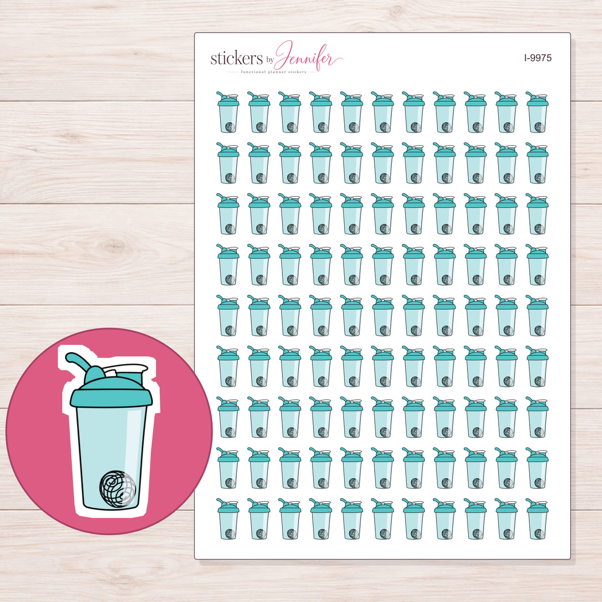 Teal Shaker Bottle Planner Stickers | I-9975 — 5 × 7 inch sheet and enlarged sticker detail