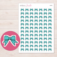 Teal Ribbon Bow Planner Stickers | I-9976 — 5 × 7 inch sheet and enlarged sticker detail