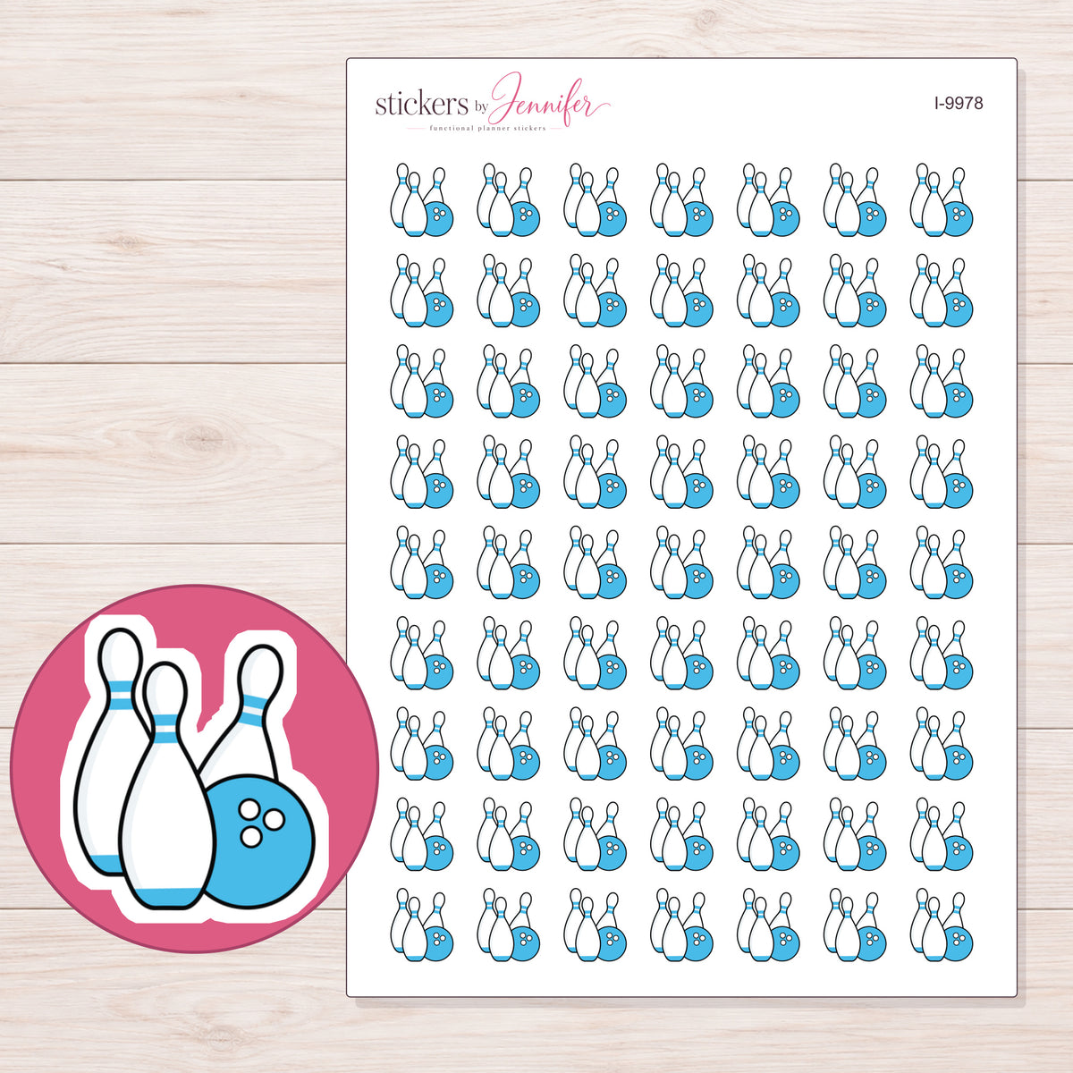 Blue Bowling Ball and Pins Planner Stickers | I-9978 — 5 × 7 inch sheet and enlarged sticker detail