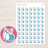 Blue Bowling Ball and Pins Planner Stickers | I-9978 — 5 × 7 inch sheet and enlarged sticker detail