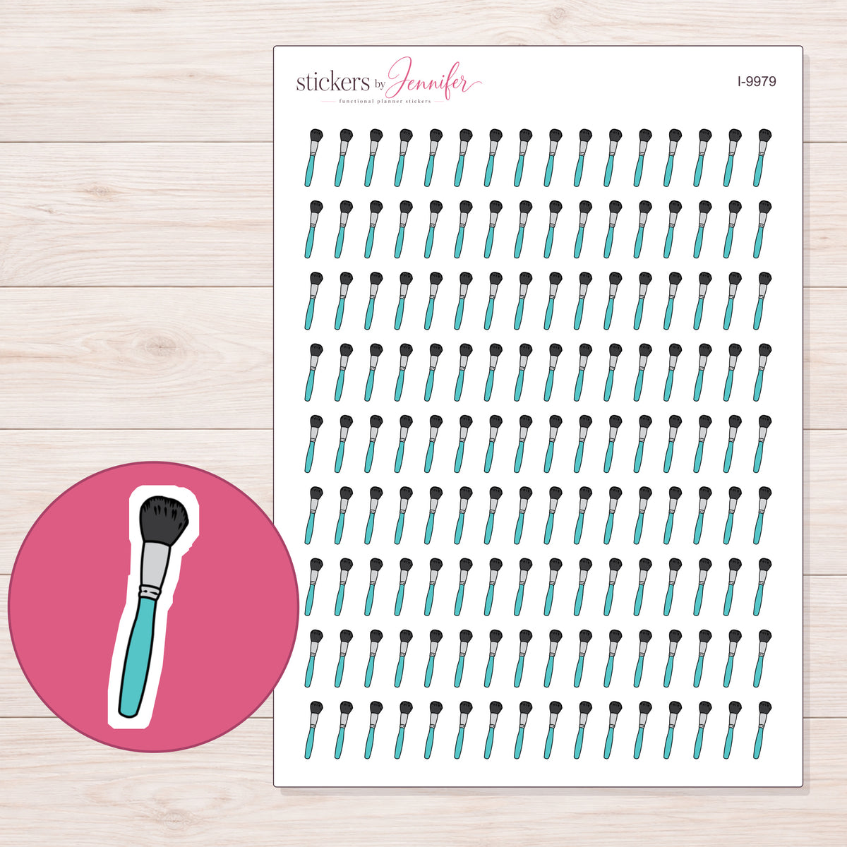 Teal Makeup Brush Planner Stickers | I-9979 — 5 × 7 inch sheet and enlarged sticker detail