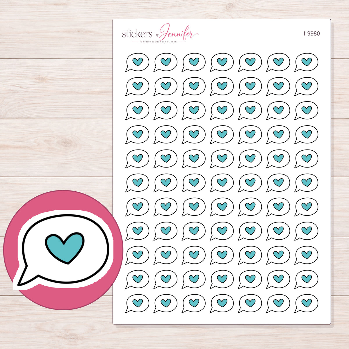 Teal Heart Speech Bubble Planner Stickers | I-9980 — 5 × 7 inch sheet and enlarged sticker detail