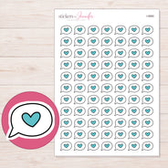 Teal Heart Speech Bubble Planner Stickers | I-9980 — 5 × 7 inch sheet and enlarged sticker detail