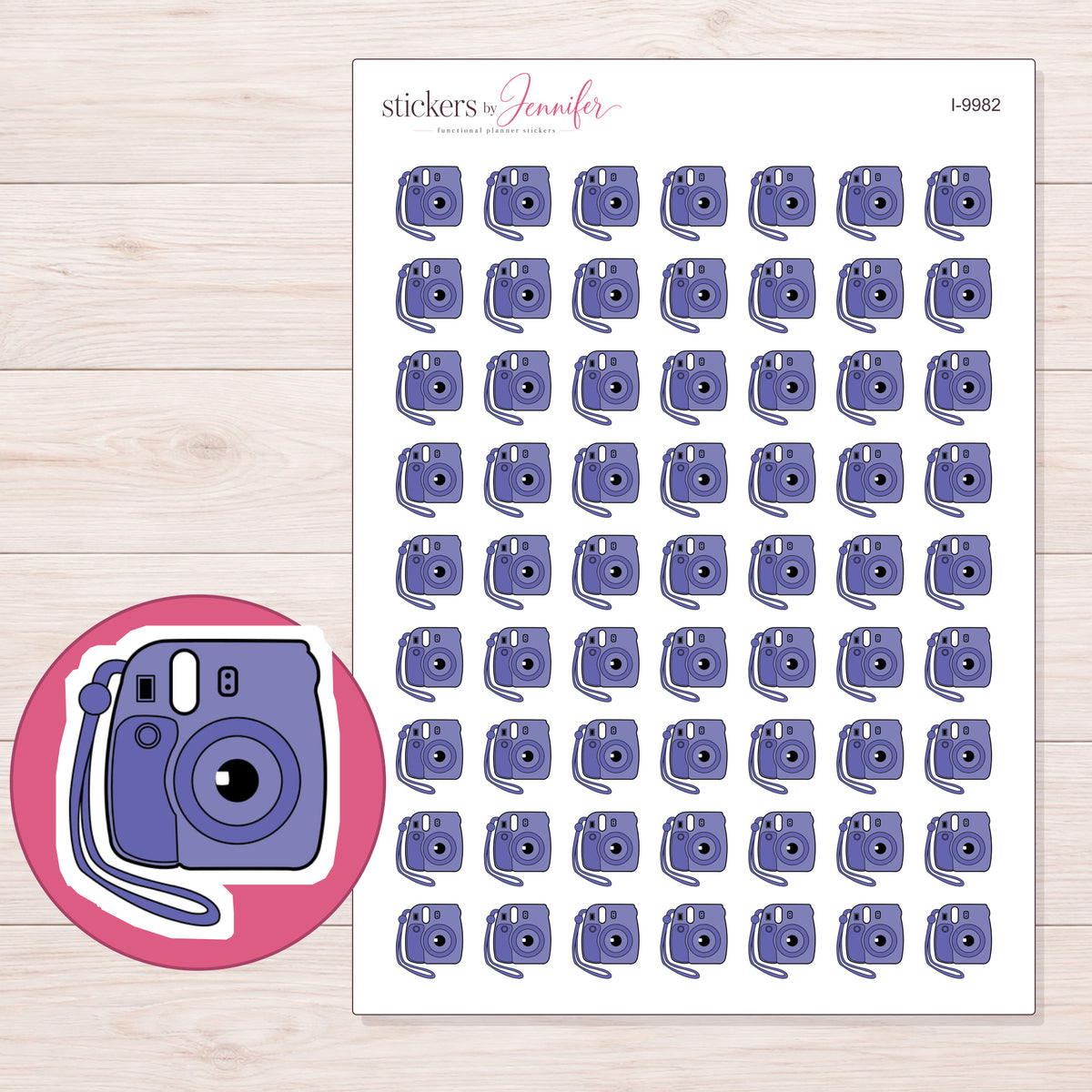 Purple Instant Camera Planner Stickers | I-9982 — 5 × 7 inch sheet and enlarged sticker detail