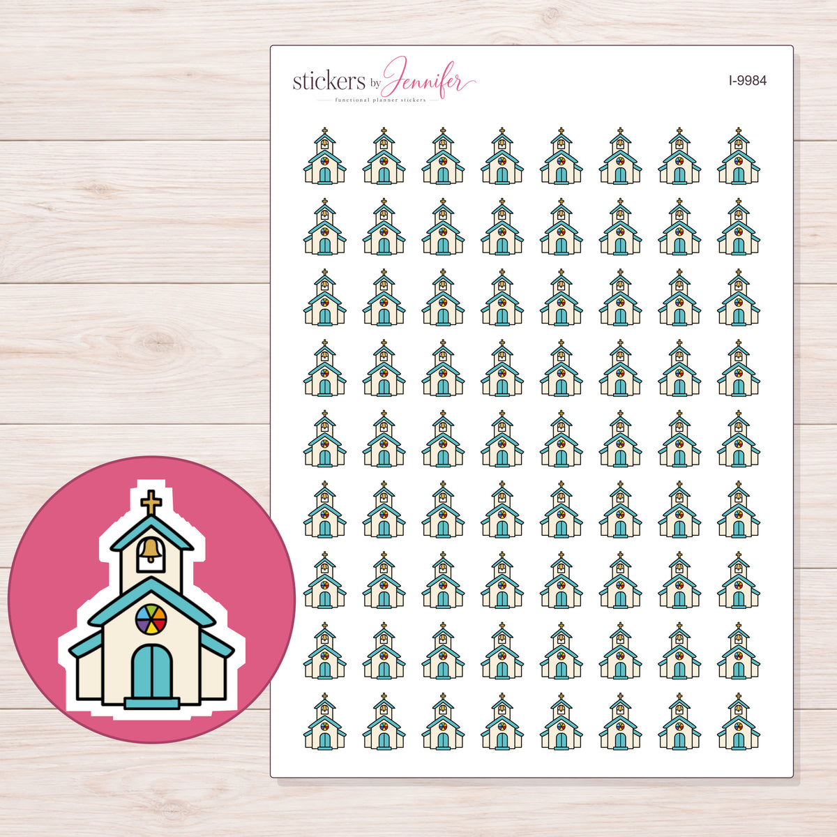 Teal Roof Church Planner Stickers | I-9984 — 5 × 7 inch sheet and enlarged sticker detail