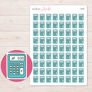 Teal Calculator Planner Stickers | I-9985 — 5 × 7 inch sheet and enlarged sticker detail