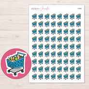Blue Grocery Cart Planner Stickers | I-9988 — 5 × 7 inch sheet and enlarged sticker detail
