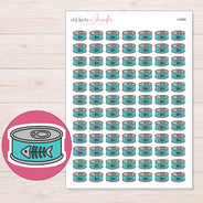 Teal Cat Food Can Planner Stickers | I-9989 — 5 × 7 inch sheet and enlarged sticker detail