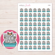 Cat in Teal Litter Box Planner Stickers | I-9990 — 5 × 7 inch sheet and enlarged sticker detail
