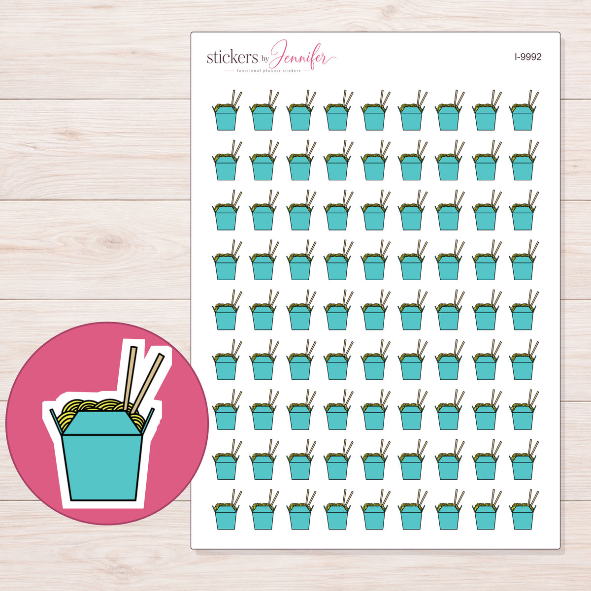 Teal Noodle Takeout Box Planner Stickers | I-9992 — 5 × 7 inch sheet and enlarged sticker detail