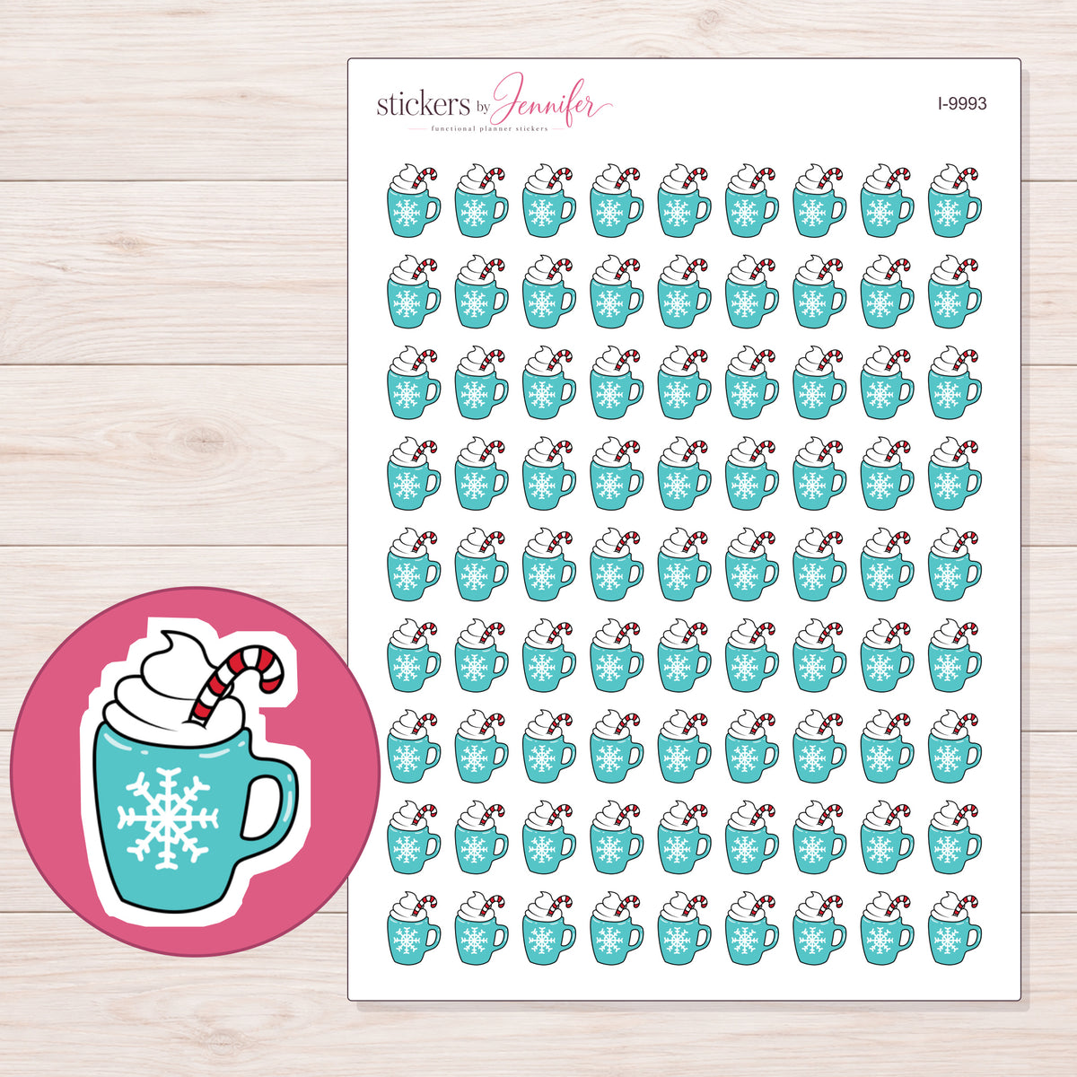 Teal Christmas Cocoa Mug Planner Stickers | I-9993 — 5 × 7 inch sheet and enlarged sticker detail
