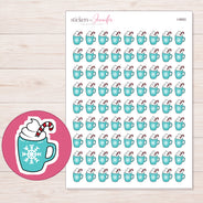 Teal Christmas Cocoa Mug Planner Stickers | I-9993 — 5 × 7 inch sheet and enlarged sticker detail