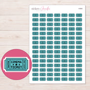 Teal Cinema Ticket Planner Stickers | I-9994 — 5 × 7 inch sheet and enlarged sticker detail