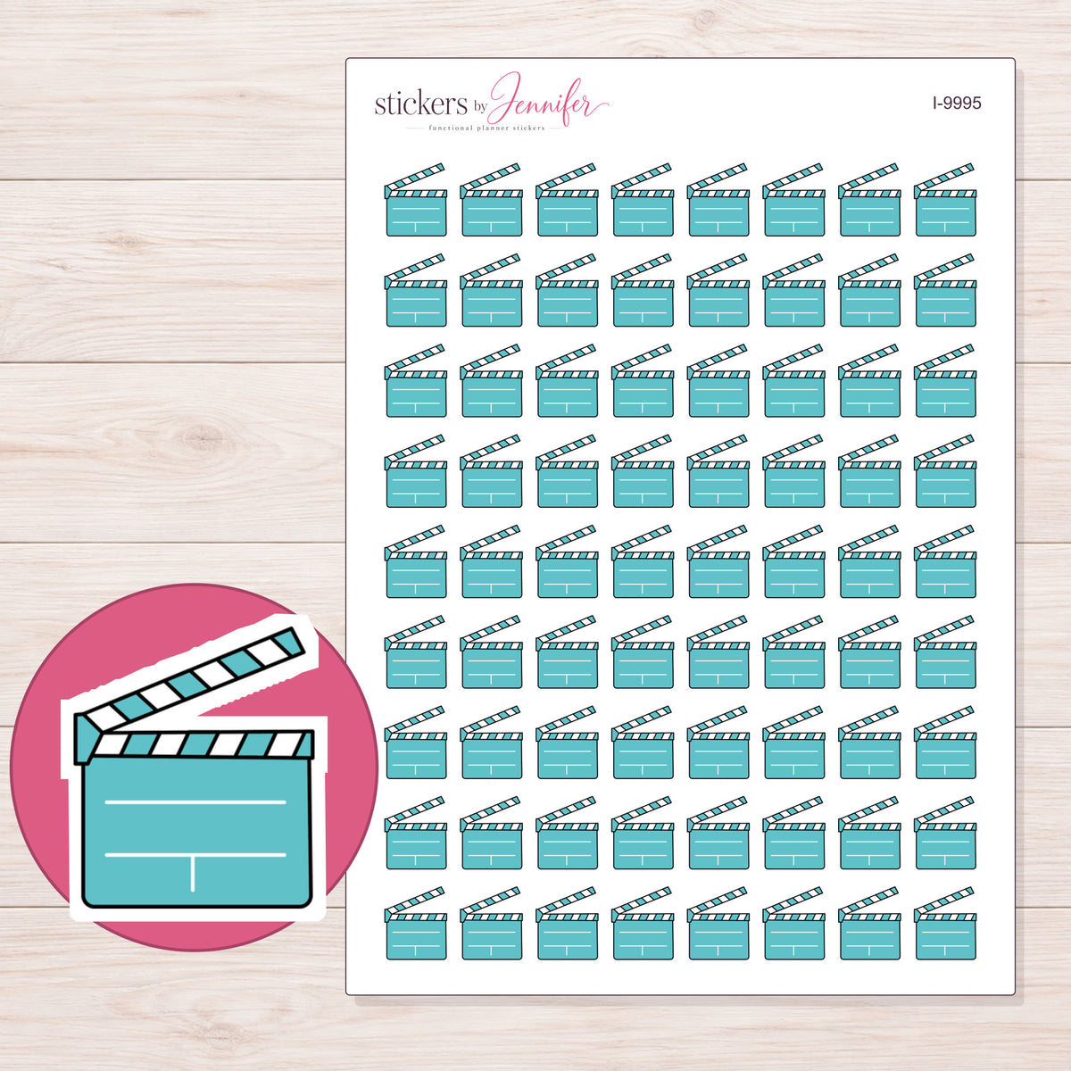 Teal Clapperboard Planner Stickers | I-9995 — 5 × 7 inch sheet and enlarged sticker detail