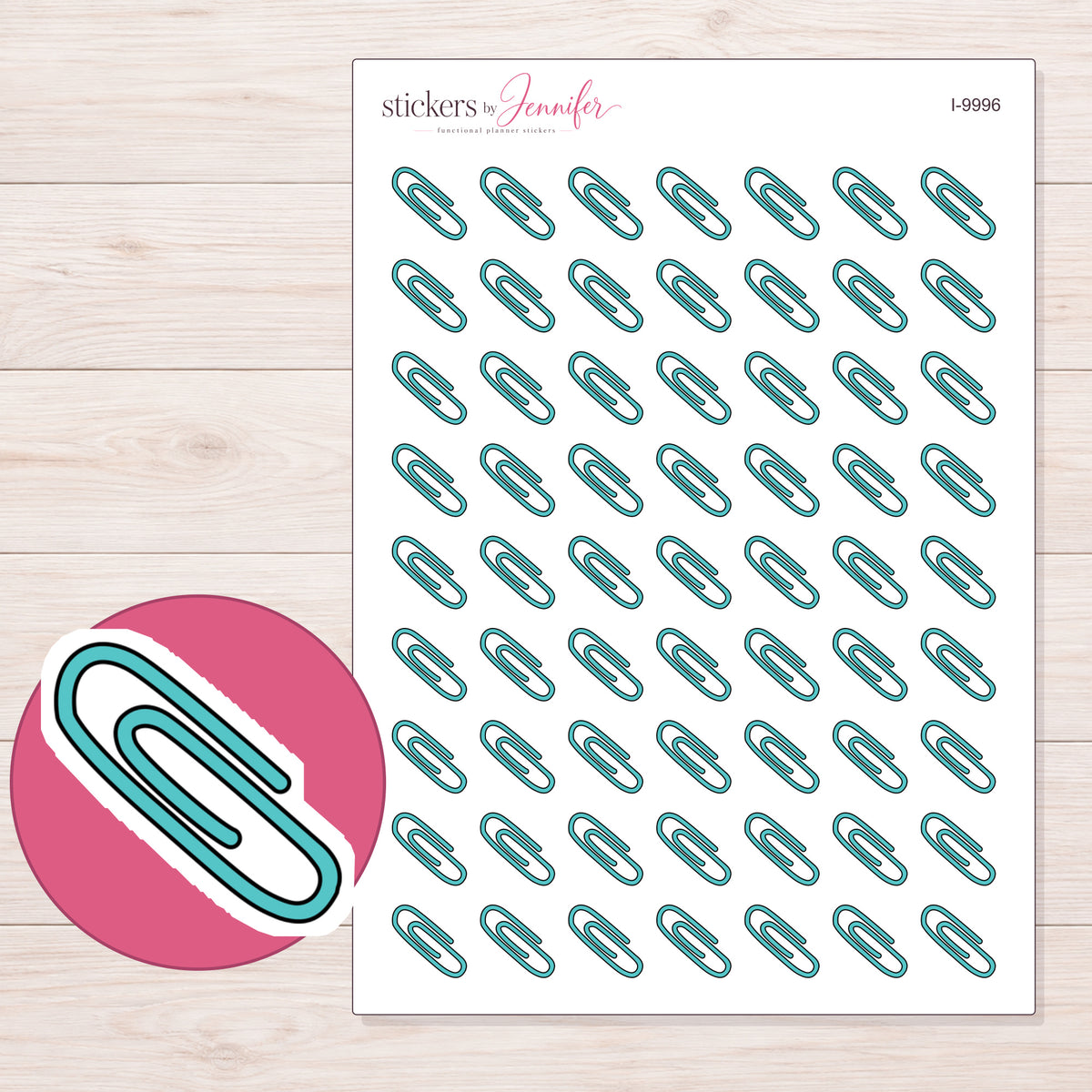 Teal Paper Clip Planner Stickers | I-9996 — 5 × 7 inch sheet and enlarged sticker detail