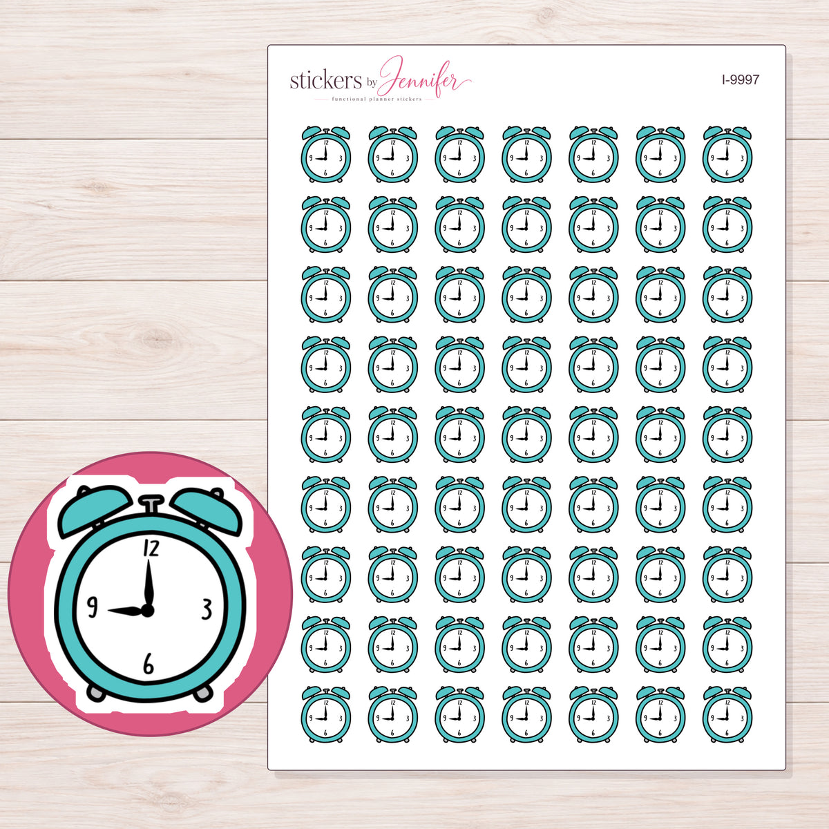 Teal Alarm Clock Planner Stickers | I-9997 — 5 × 7 inch sheet and enlarged sticker detail