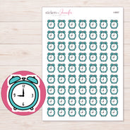 Teal Alarm Clock Planner Stickers | I-9997 — 5 × 7 inch sheet and enlarged sticker detail