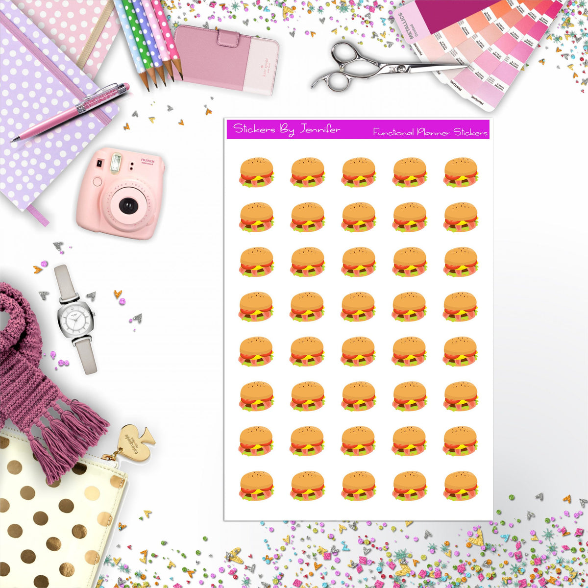 Bacon Cheese Burger Stickers, Planner Stickers, Journal Stickers, Functional Planner Stickers, Stationary Stickers