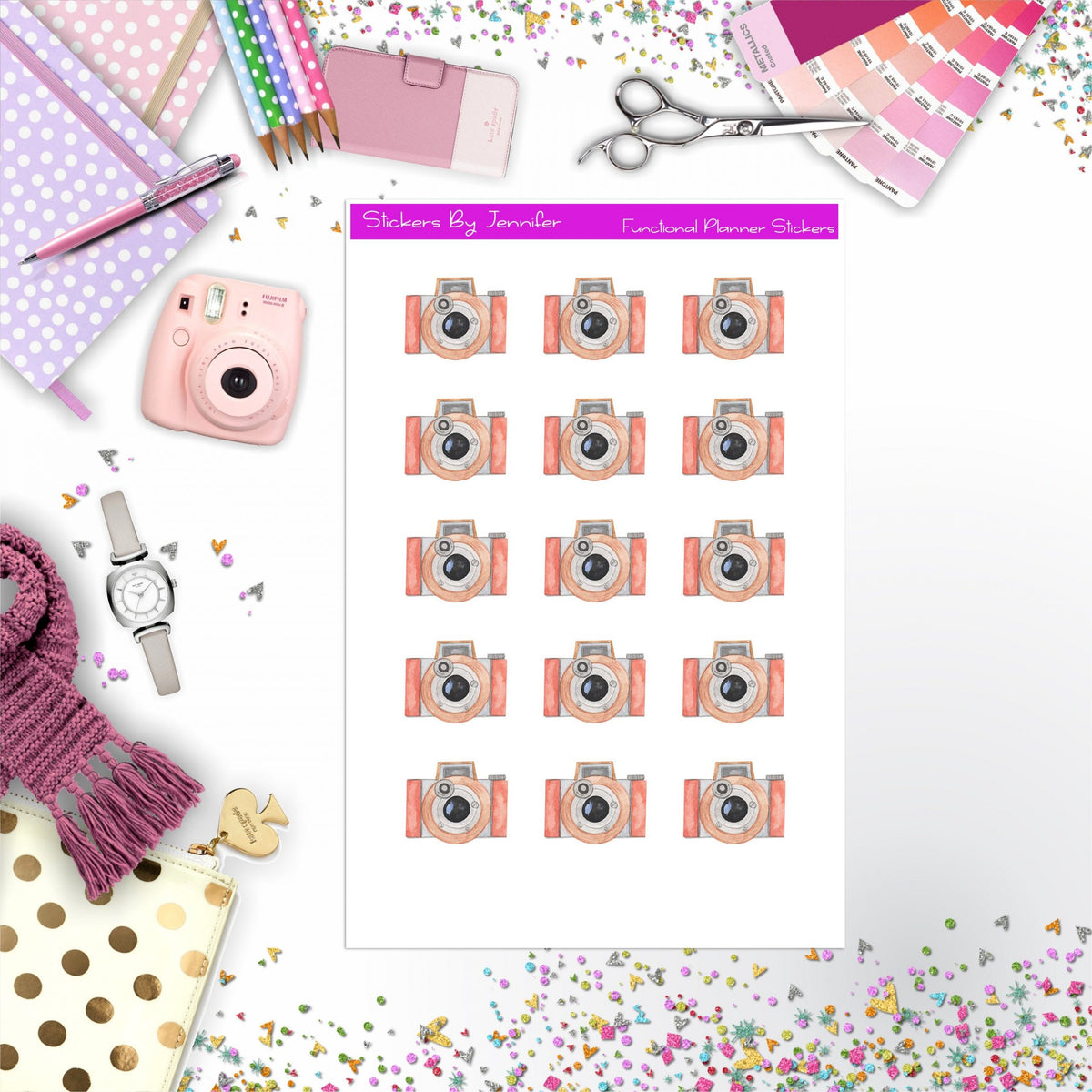 Camera Watercolor Stickers, Planner Stickers, Journal Stickers, Functional Planner Stickers, Stationary Stickers
