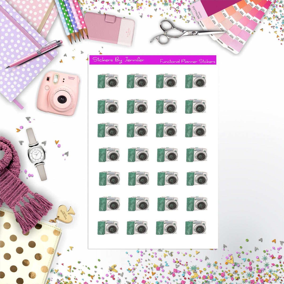 Camera Watercolor Stickers, Planner Stickers, Journal Stickers, Functional Planner Stickers, Stationary Stickers